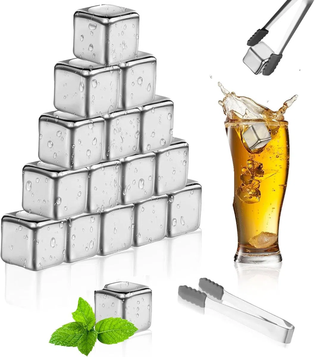 16 Stück Edelstahl Eiswürfel mit 1Pcs Clips Whisky Steine Set 304 Wiederverwendbar Whiskystein Eingefroren Eiswürfel Schnelle für Cocktail Wein Wodka Liköre Fruchtsäfte Limonade(2,5 * 2,5cm)