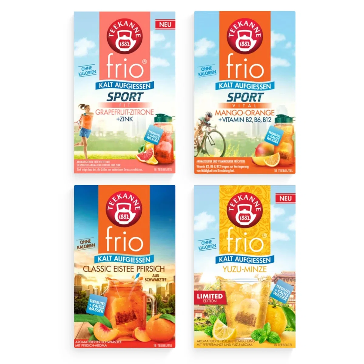 Teekanne Tee Frio 4er Mix – Kalter Tee mit Geschmack: Eistee Pfirsich, Mango-Orange, Yuzu-Minze & Grapefruit-Zitrone – Erfrischende Teebeutel zum kalt aufgießen - Low calorie Wasser mit Geschmack