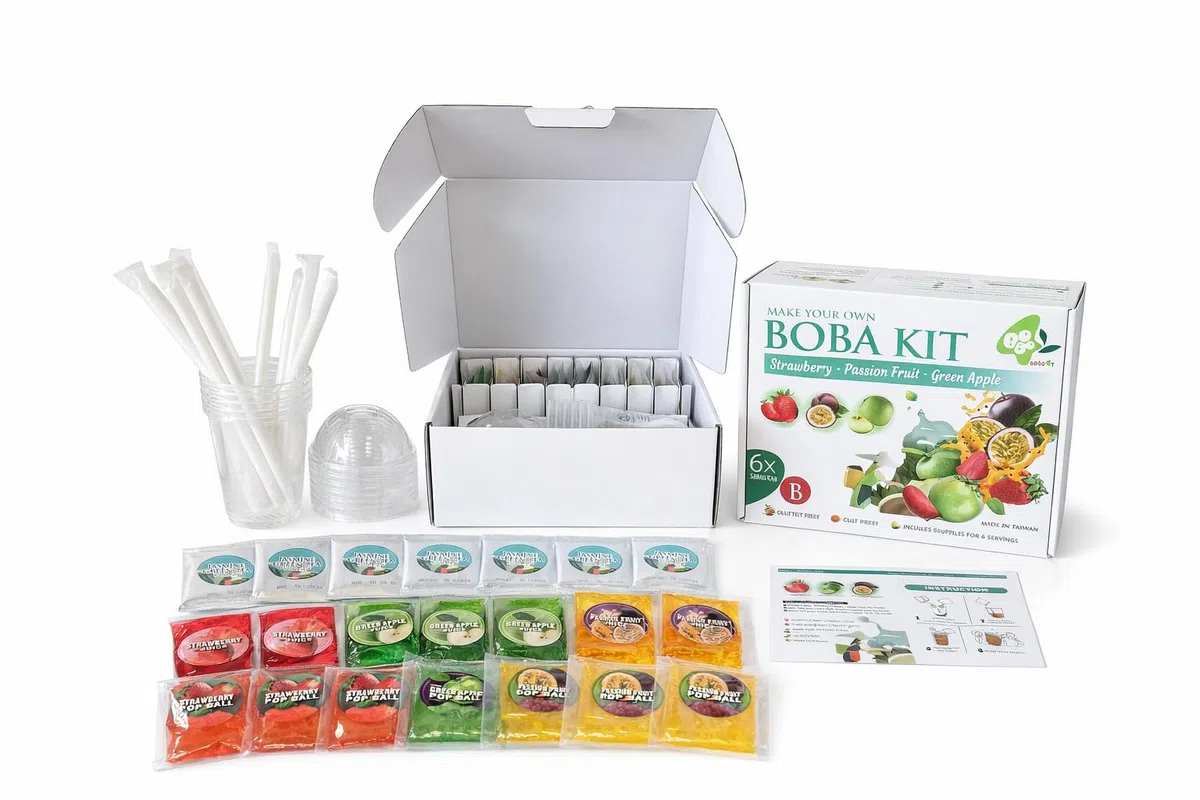 Bobo4T Bubble Tea SET B – Erdbeer-, Grüner Apfel- & Passionsfrucht Bobas + Fruchtsirup | Komplett Set für 6 Drinks | Einzeln verpackt für maximale Frische | Jasmin Grüner Tee Pulver