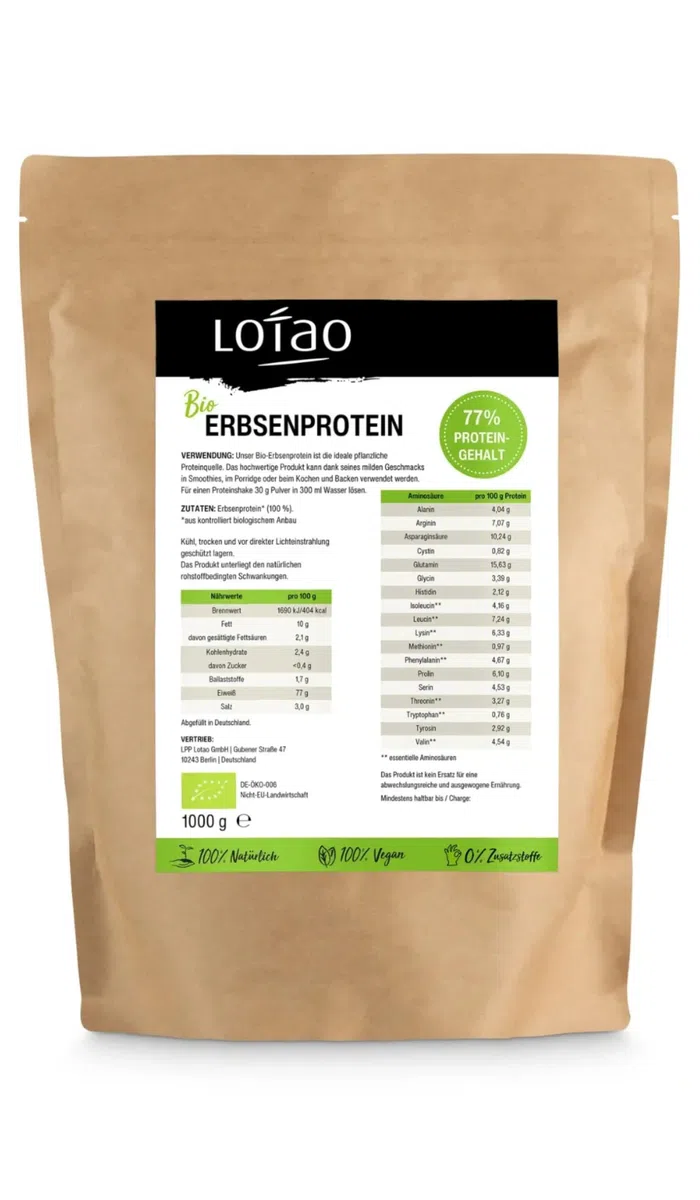 Bio Erbsenprotein 1kg - Veganes Proteinpulver ohne Süßstoff mit 77% Eiweiß | Pflanzliches Eiweißpulver für Shakes, Smoothies, Porridge & Backen | Geschmacksneutral, laktosefrei, glutenfrei & sojafrei