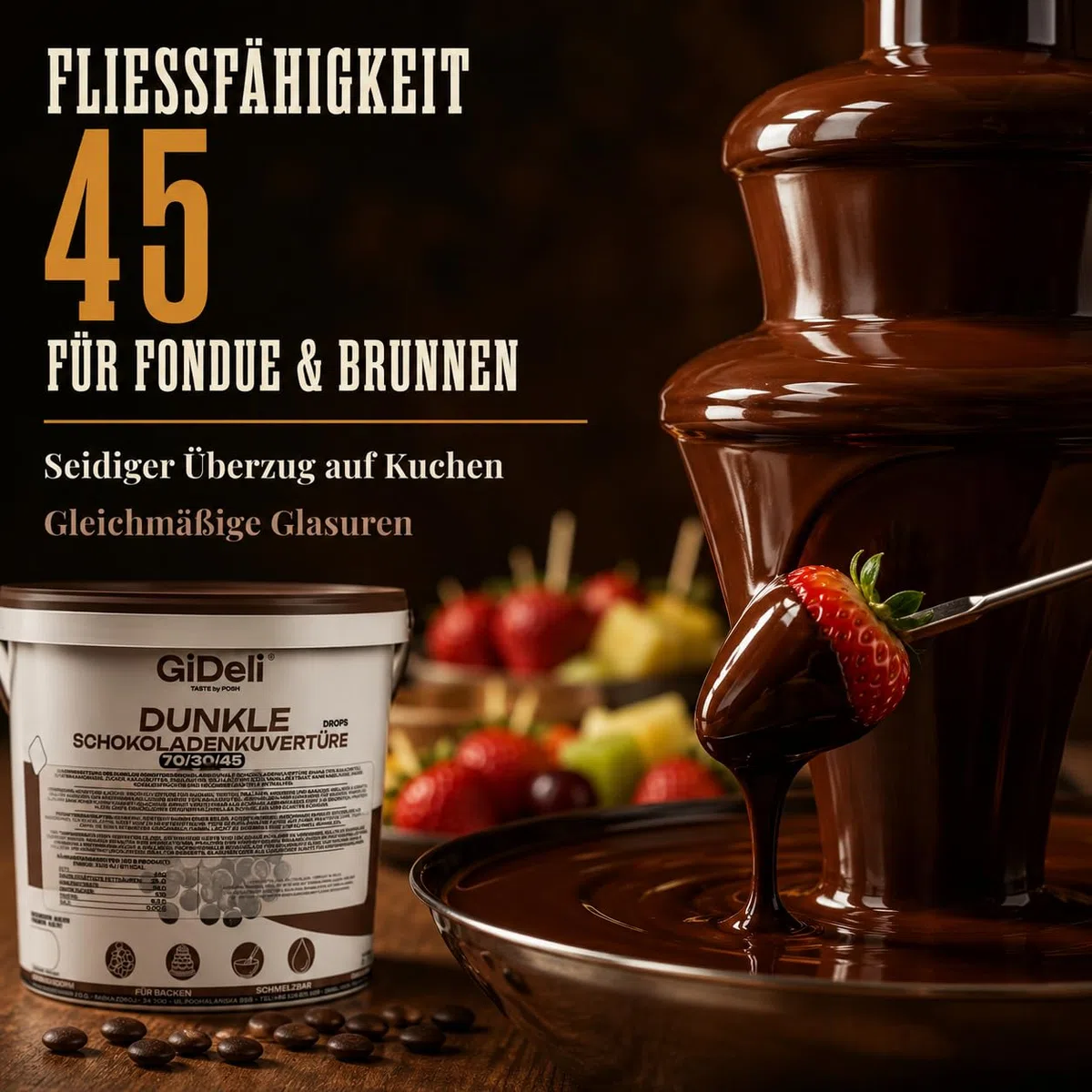 GiDeli Dunkle Schokoladenkuvertüre 70% Drops 500g im Eimer - Professionelle Zartbitterschokolade zum Temperieren - Kakao aus Ghana - Fließfähigkeit 45 - Ideal für Torten, Pralinen & Ganache