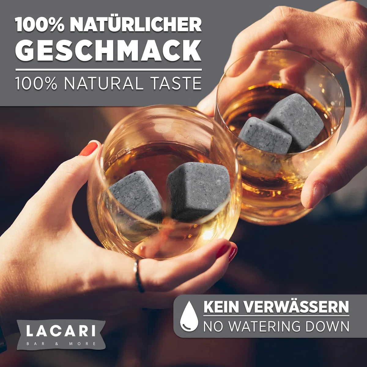 Whisky Steine | 9X Wiederverwendbare Eiswürfel | Lacari ORIGINAL Whiskey Steine | Whisky Geschenkset mit Holzbox, Zange & Stoffbeutel | Kein Verwässern für Whiskey, Rum, Gin | Geschenk Geburtstag