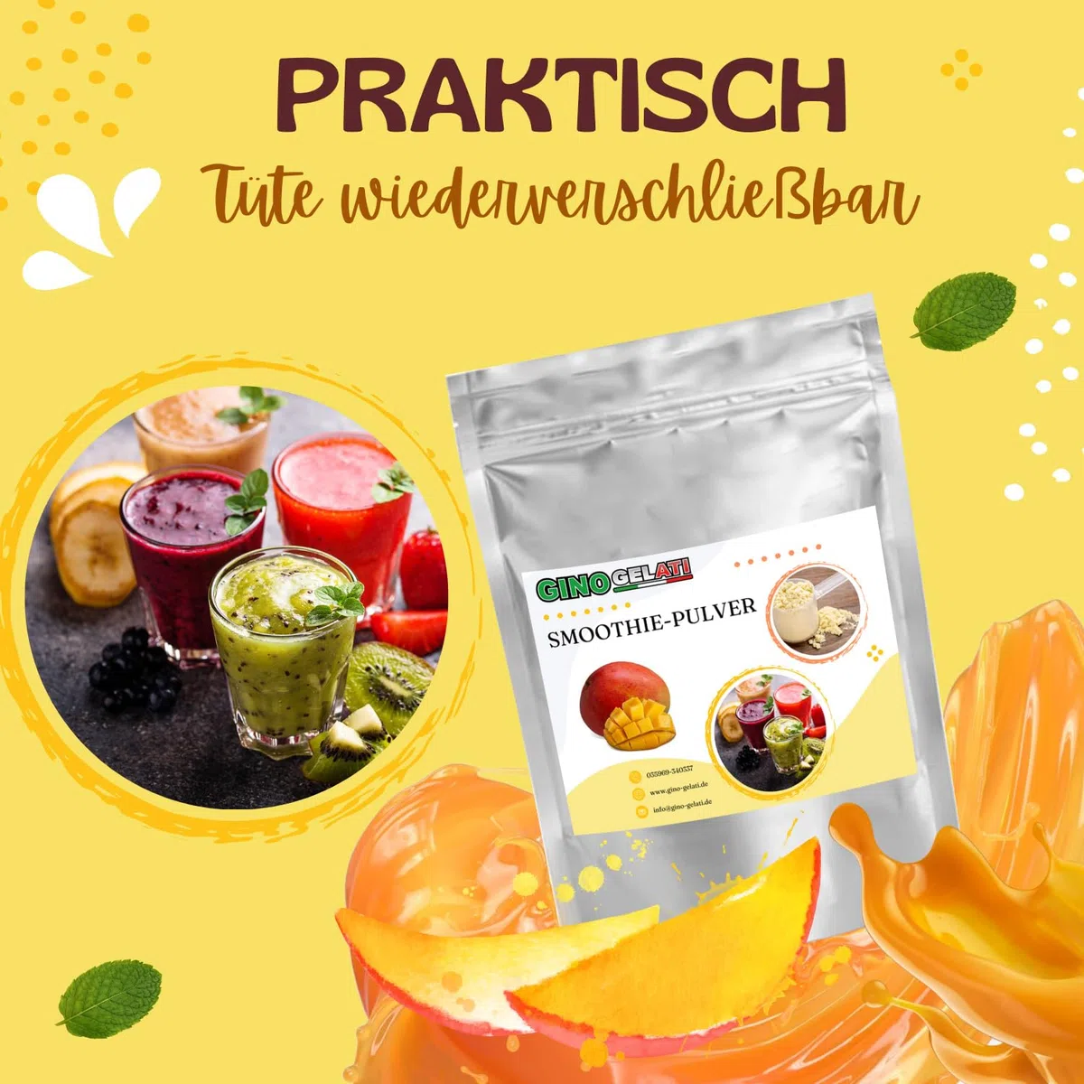 Gino Gelati Smoothie Pulver mit fruchtigem Geschmack, verschiedene Sorten und Größen verfügbar, schnelle und einfache Zubereitung, Made in Germany, Vegan (10 Kg, Nektarine)