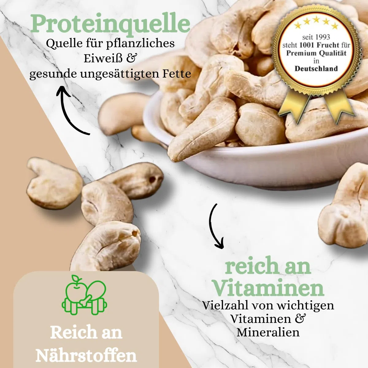 1001 Frucht | Cashewkerne naturbelassen und ungesalzen 1kg | Premium & Rohkost Qualität | Jeden Tag frisch verpackte Ware! Hand Made in Germany !