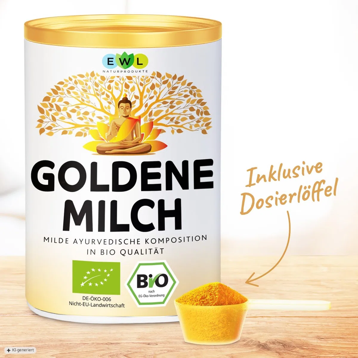EWL BIO Goldene Milch 600g | Golden Milk mit Kurkuma & Ashwagandha | Dose | ergänzt durch Ingwer, Ceylon Zimt, Ceylon Pfeffer & Kokosblütenzucker I Kurkuma Latte bio mit Dosierlöffel