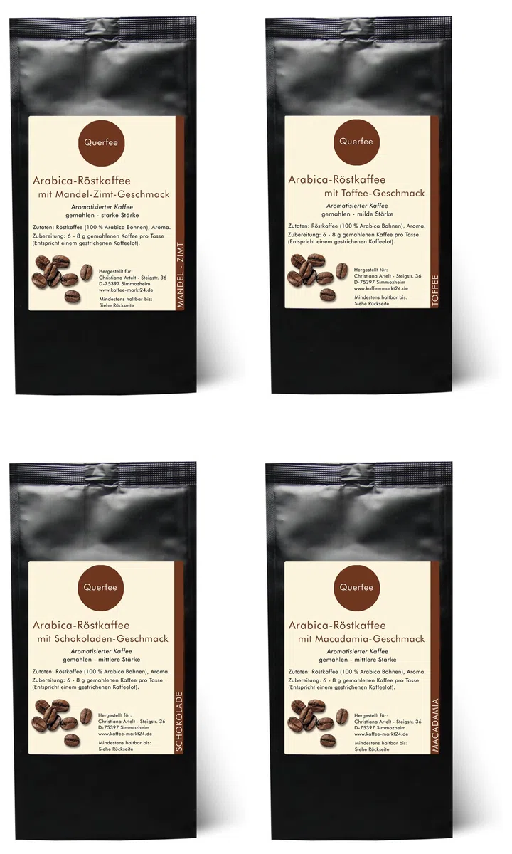 4 x Kaffee mit Geschmack - Kaffee Geschenk Probierset - Mandel Zimt, Toffee, Schokolade, Macadamia - Arabica Röstkaffee mit Aroma - gemahlen - 4 x 75 g (300 g insgesamt)