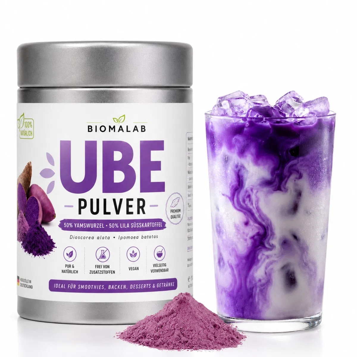 Biomalab Ube Pulver – 100% Natürliche Yamswurzel & Lila Süßkartoffel – Premium Purple Yam Powder – Vegan, Glutenfrei & Ohne Zuckerzusatz – Ideal für Ube Latte, Bubble Tea & Backen (150 g)