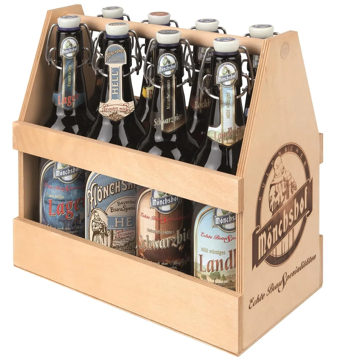 Mönchshof Bierprobe 8er Holz-Tragerl, Biergeschenk (8 x 0,5 l) Bügelflasche