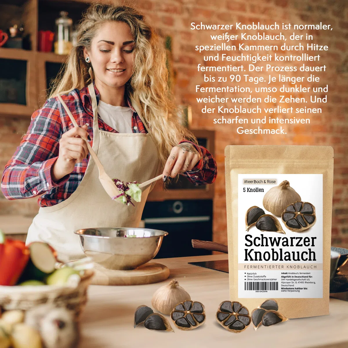 Schwarzer Knoblauch fermentiert aus Spanien, 5 große Knollen fermentierter Knoblauch, Black Garlic, 90 Tage fermentiert, mild und vielseitig zu verwenden und genießen.