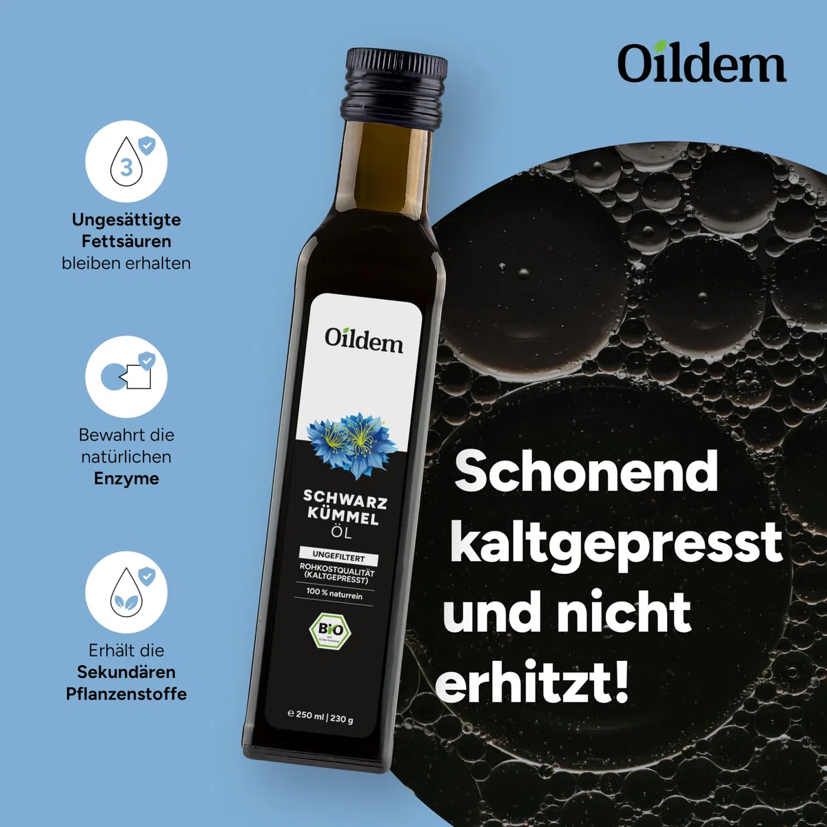 Oildem Bio Schwarzkümmelöl, Ungefiltert, 250ml, Kaltgepresst - 100% rein - Besteht nur aus der echten Nigella sativa (250ml (1er Pack))