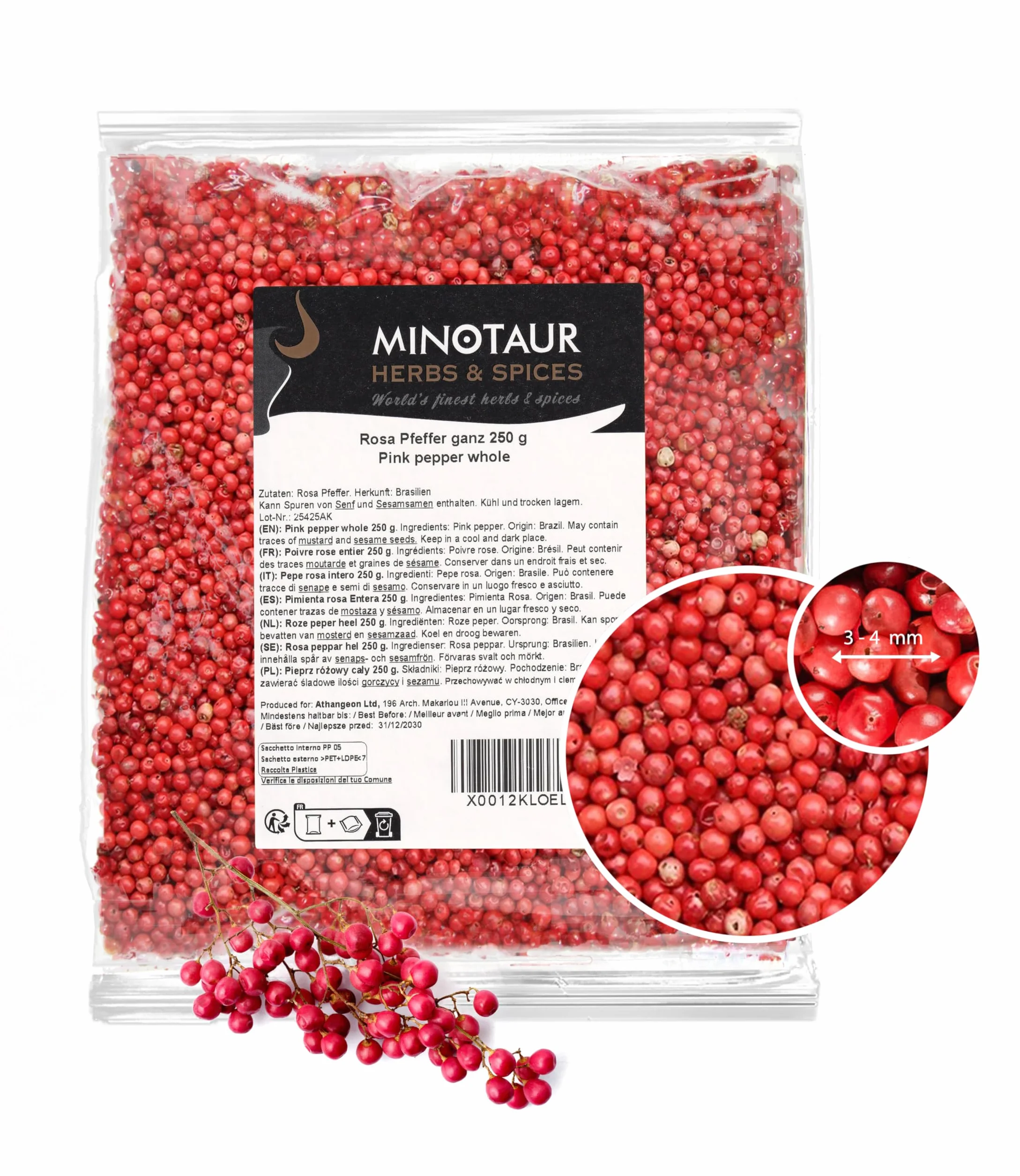 Minotaur Spices | Rosa Pfeffer ganz, 2 x 250g (500g) Pfefferkörner rosa Beeren