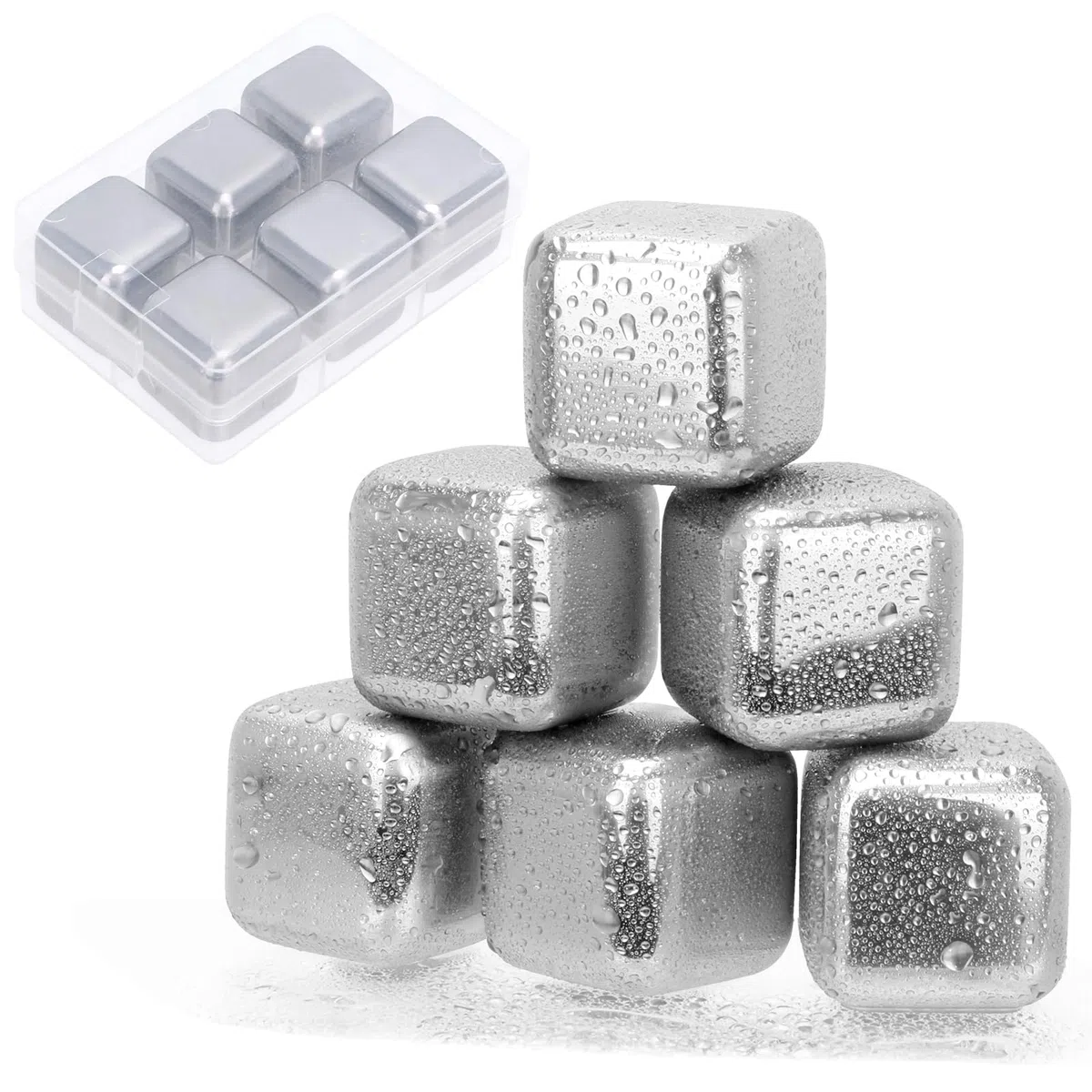 Eiswürfel Edelstahl 6 Stück Wiederverwendbar Whisky Steine aus Metall für Cocktails Wein Getränkesaft oder Limonade 27x27 mm