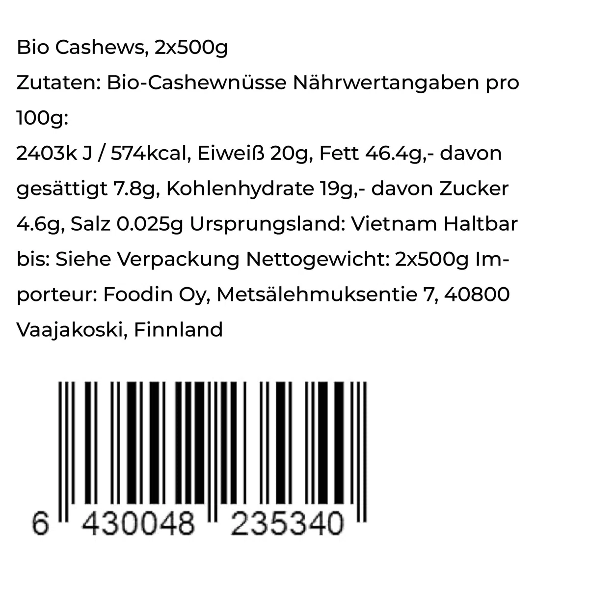 FOODIN Cashewnüsse Bio, 2x500g ganze Cashewnüsse, gute Quelle für Eiweiß & ungesättigte Fette, 100% aus biologischem Anbau, glutenfreier und veganer Snack, (2x500g)