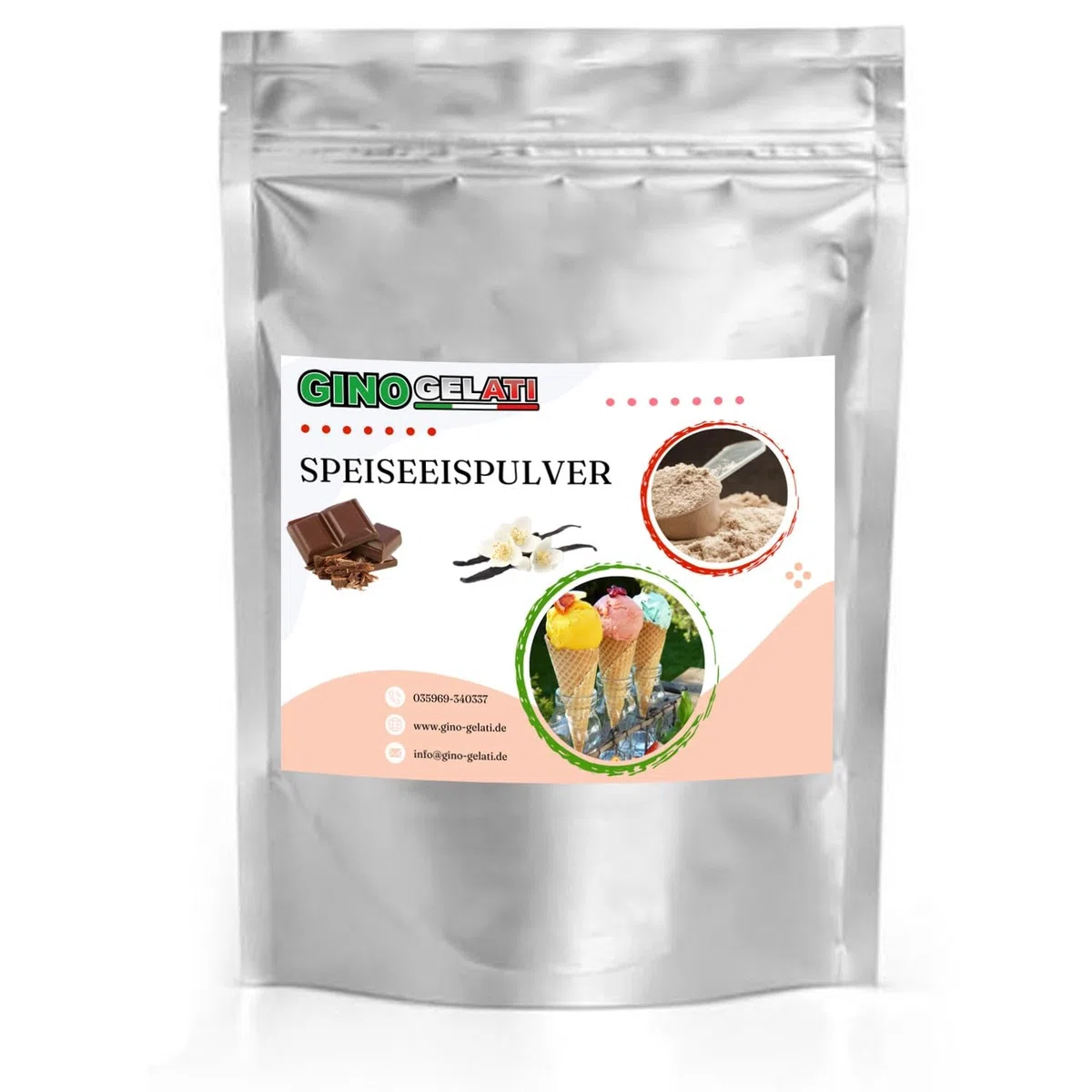 Gino Gelati Vanille Eis Speiseeis Pulver, Vanilleeis selber machen, verschiedene Sorten, schnelle und einfache Zubereitung, für Haushaltseismaschinen (1 Kg, Vanille Schoko)
