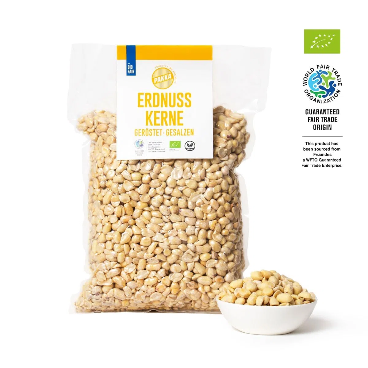 PAKKA - köstlich aromatische Premium Bio Fair Trade Erdnusskerne geröstet gesalzen 1kg, Öko geröstetet Erdnüsse direkt hergestellt und abgefüllt vom Produzenten in Kolumbien, vegan 1000g