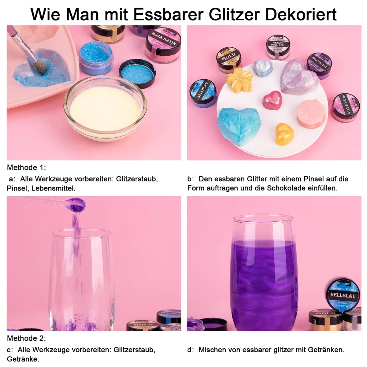 Essbares Glitzer Set - 12 Farben Glitzerpulver für Getränke, Geschmacksneutrales Lebensmittelfarbe Pulver, Glitzerpuder für Schokolade, Kuchen, Fondant, Drinks, Flüssigkeiten- 3g
