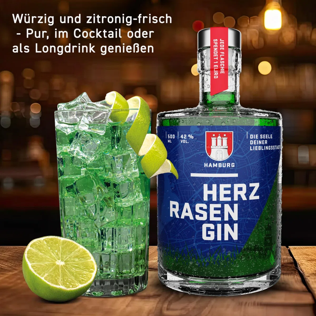 HERZRASEN GIN Hamburg Edition 0,5l | Premium Dry 42% Vol. | Grüner Schnaps mit Hamburger Rasen | zitronig spritzig mit ausgewählten Zutaten I Gin Geschenkset zum Geburtstag