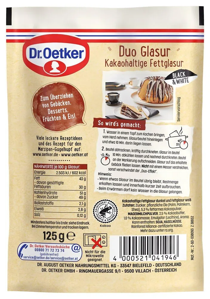 Dr. Oetker Duo Glasur Black & White 8er Pack (8 x 125g) | Dr. Oetker Glasur, kakaohaltige Fettglasur: Glasur bestehend aus weißer und dunkler Kuchenglasur
