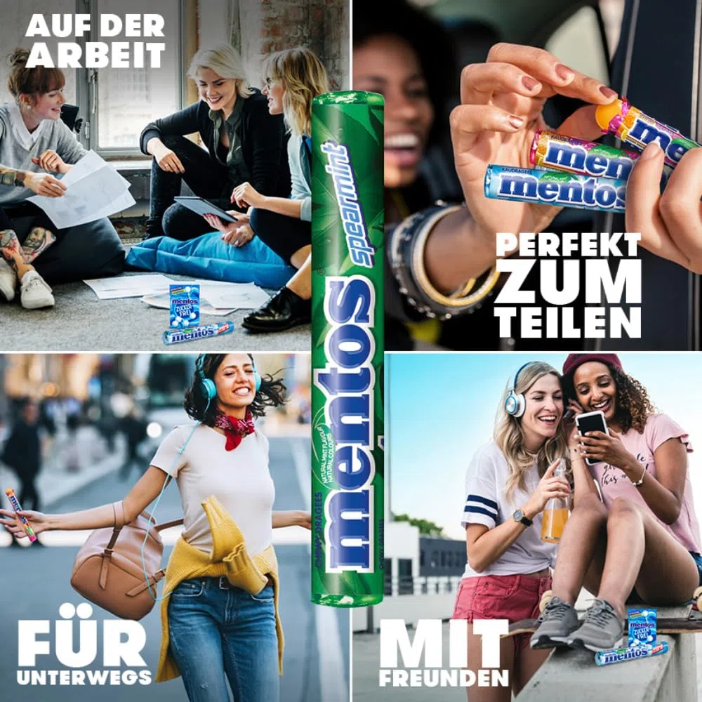 Mentos Kaubonbons Spearmint, Dragees mit Spearmint-Geschmack für frischen Atem, Multipack, Bonbon Vorrats-Packung (40 Rollen), vegan
