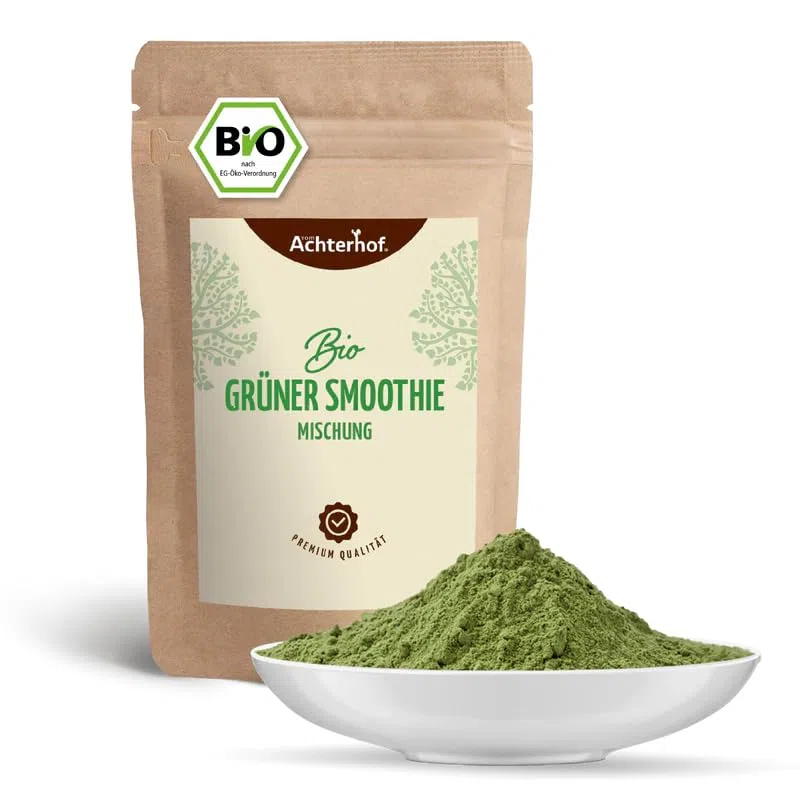 Grüne Smoothie Mischung Bio 250g | 8 wertvolle Gemüsezutaten | Spinat, Erbsenprotein, Gerstengras, Weizengras, Apfelpulver, Inulin, Grünkohl & Löwenzahnblätter | Bio-Qualität | vom Achterhof