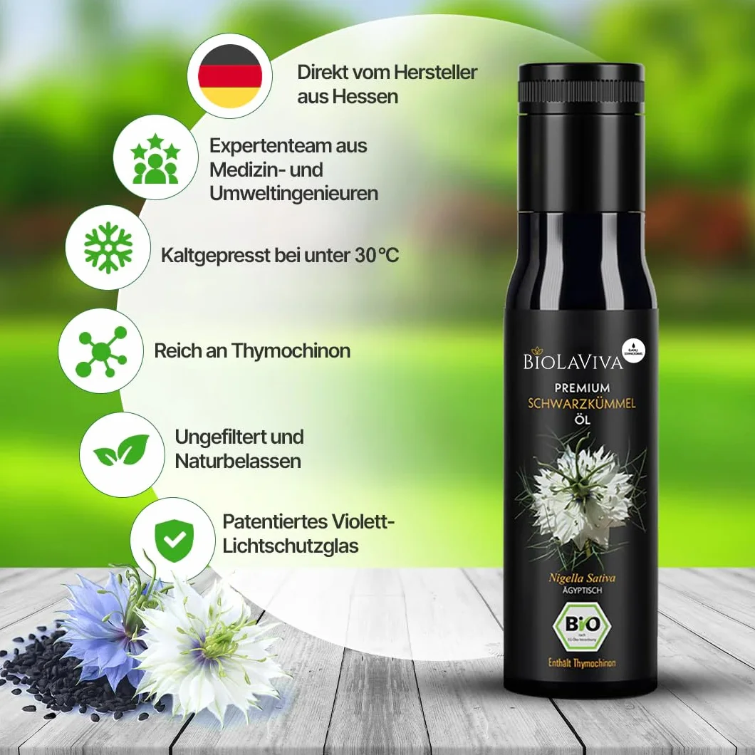 Premium BIO Schwarzkümmelöl – kaltgepresst & ungefiltert – hoher Thymochinongehalt - 100% Nigella sativa aus Ägypten – laborgeprüft & lichtgeschützt im Miron Violettglas (1x100 ml)