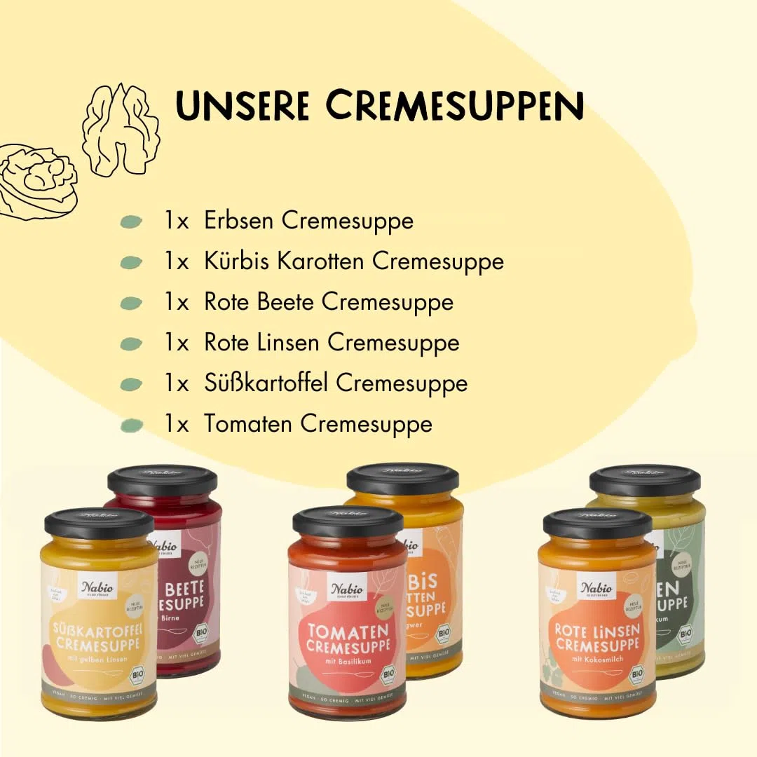 NABIO | Bio-Gemüsesuppen im 6er Pack I Erbse, Tomate, Süßkartoffel, Rote Beete, Rote Linse, Kürbis I (6x 375 ml)