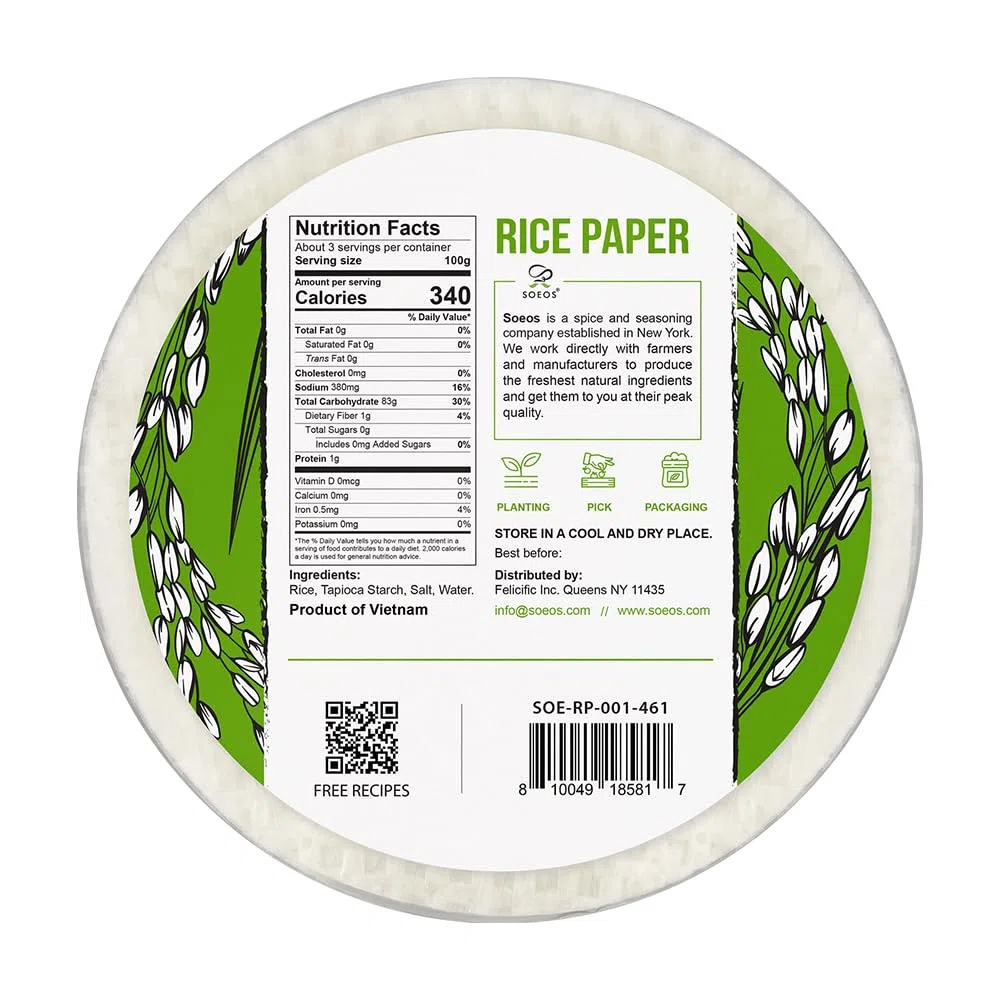 Soeos Reispapier, White Rice Paper Wrappers, 1 Pack, 34 Sheets-Fresh Spring Roll Wrapper & Knödel, Non-GMO, Gluten-Free, Low Carb, Vietnamesische Reis-Wraps (Runde, 22cm)