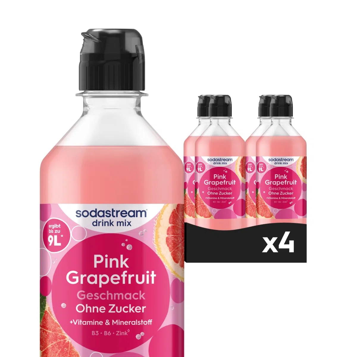 Sodastream drink mix Pink Grapefruit ohne Zucker – zuckerfreier Sirup für gesprudeltes & stilles Wasser, 4er Pack (4 x 440 ml), mit Vitamine & Mineralstoff, ergibt bis zu 9L Fertiggetränk