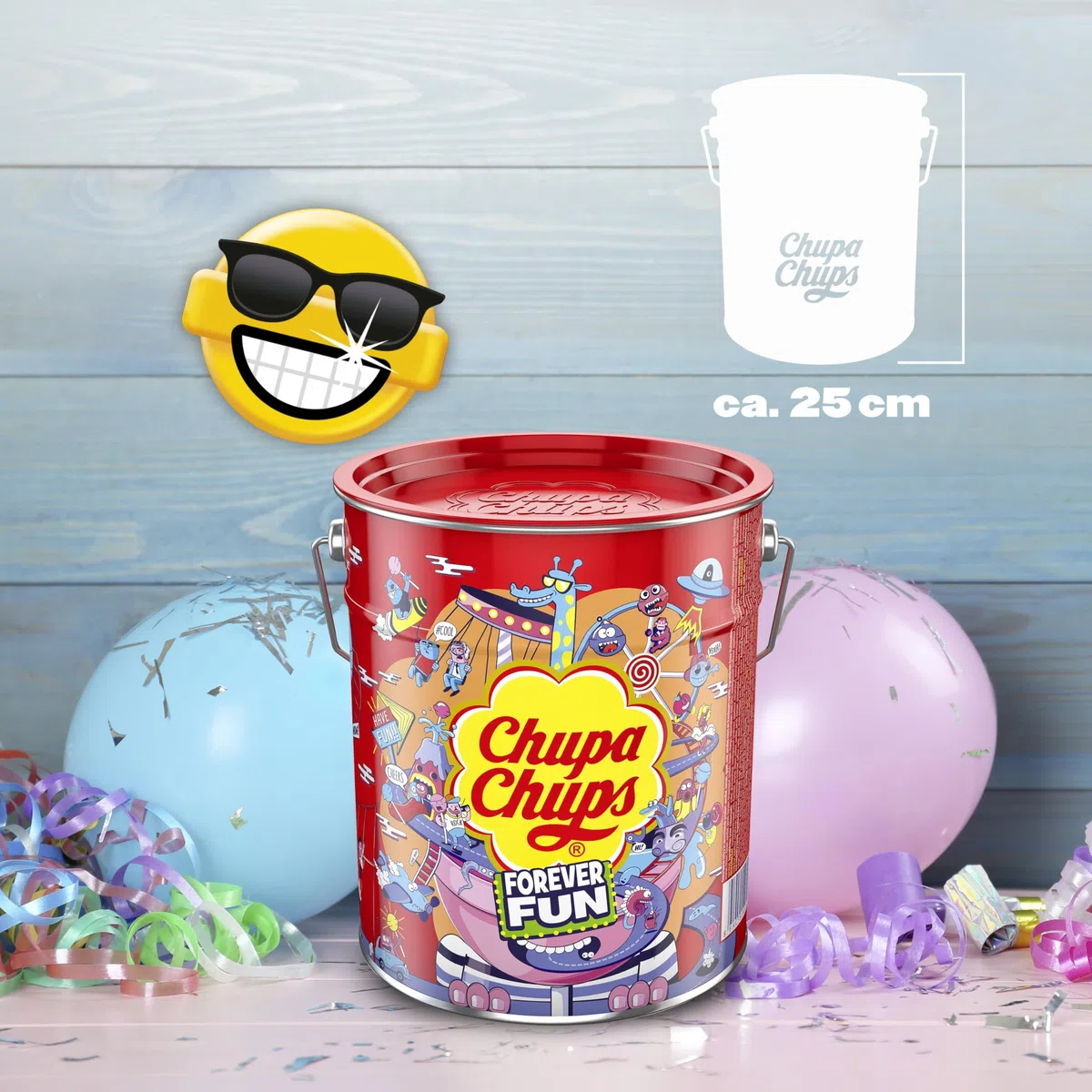 Chupa Chups Best of Lollipop-Eimer, enthält 150 Lutscher in 5 Geschmacksrichtungen in der Pop-Art Metall-Dose, geeignet für Geburtstag und Weihnachten, 150 x 12g
