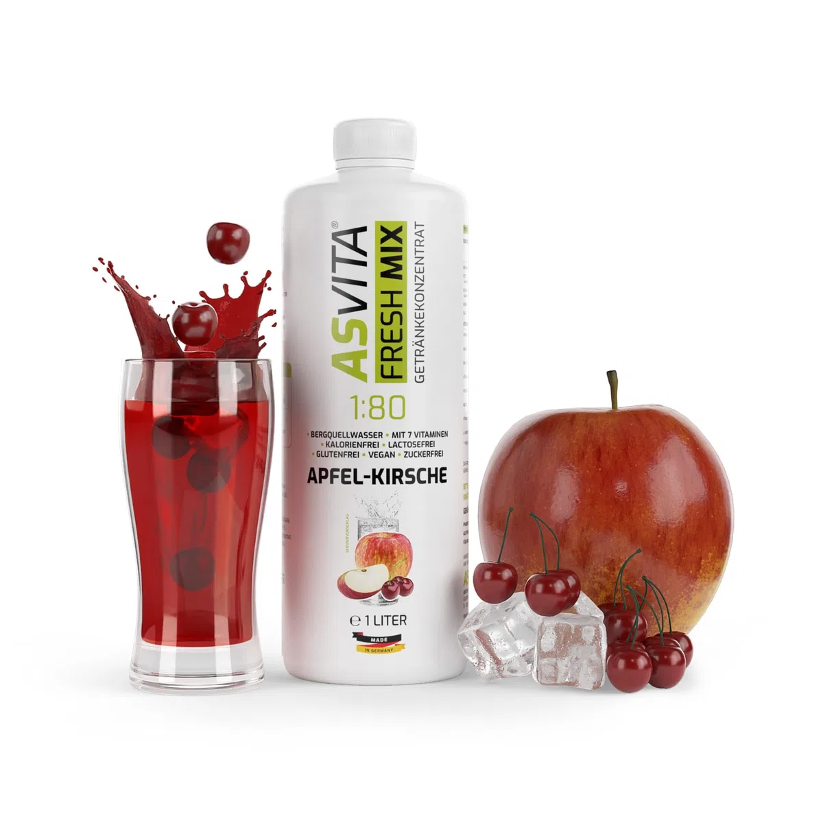 AsVita Getränkekonzentrat Fresh Mix 1:80-1 Liter Flasche - Getränkesirup zuckerfrei - 26 leckere Geschmacksrichtungen (Apfel-Kirsch) Sirup kalorienarm