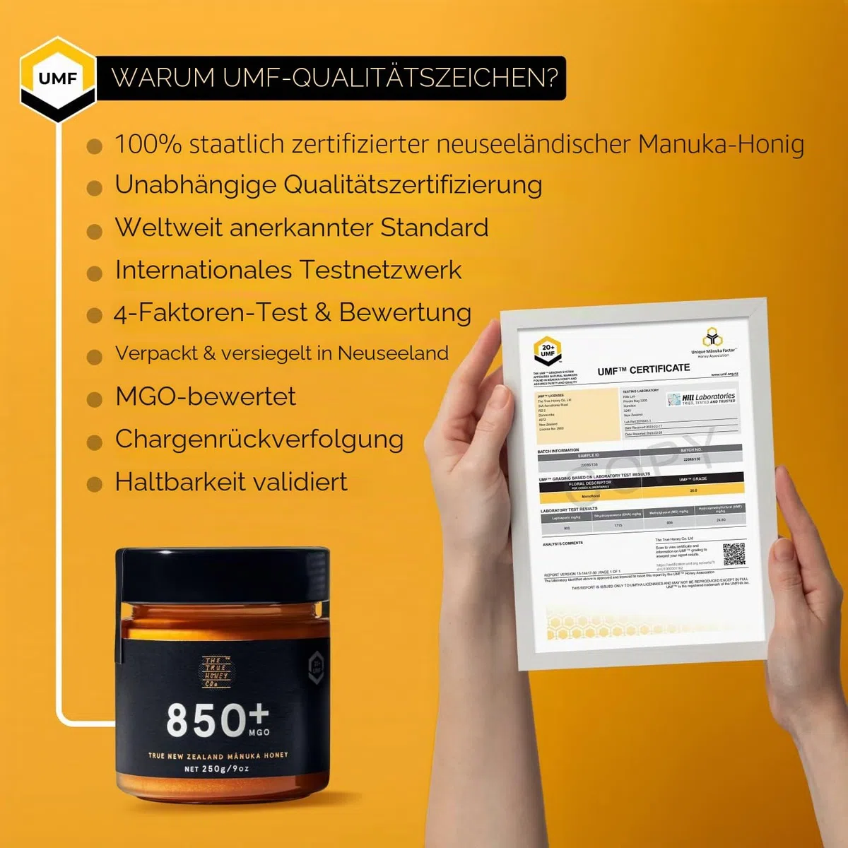 The True Honey Co. Manuka Honig MGO 850+ (UMF 20+) 250g | MGO & UMF-zertifiziert. Das exklusive, höchst prämierte Original aus Neuseeland mit 100% Echtheitsgarantie
