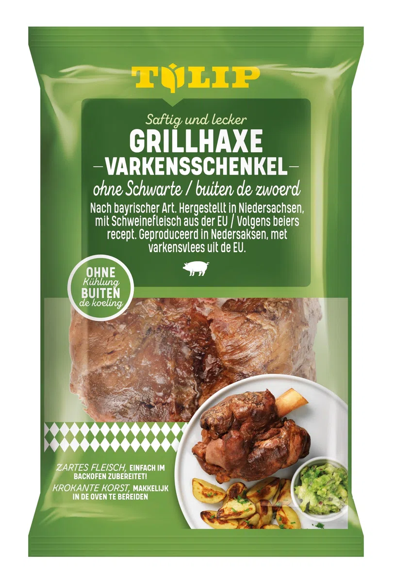 TULIP Grillhaxe mit Schwarte + ohne Schwarte + Schinkeneisbein + Mini-Haxe | Ungekühlt haltbar - Vakuumverpackt | Haxe mit Schwarte 600g + Haxe ohne Schwarte 500g + Schinkeneisbein 600g + Mini-Haxe 500g