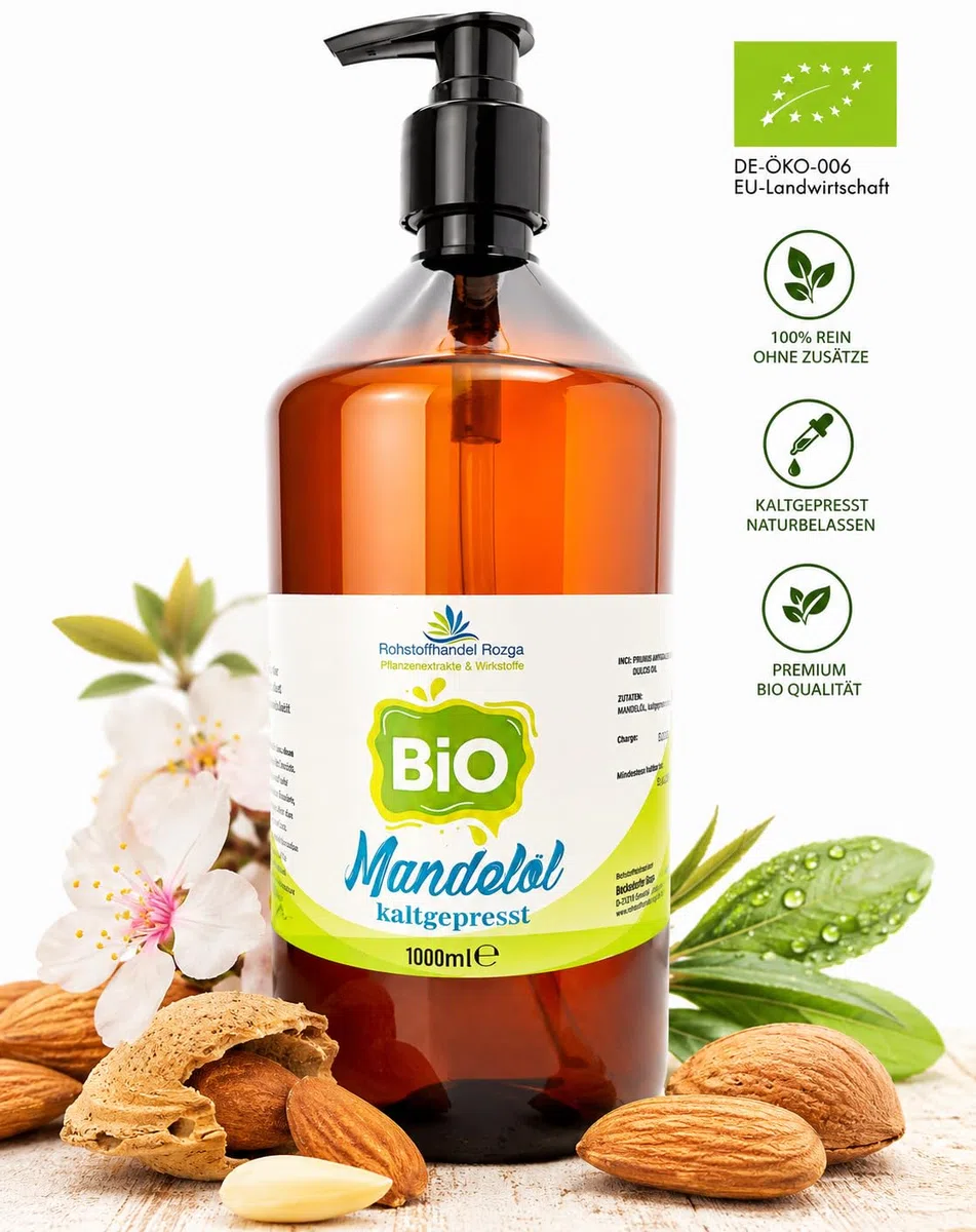 Bio Mandelöl 1 Liter kaltgepresst – 100% naturrein, Lebensmittelqualität, mild & vielseitig – aus kontrolliert biologischem Anbau, ideal für Küche, Smoothies & natürliche Pflege