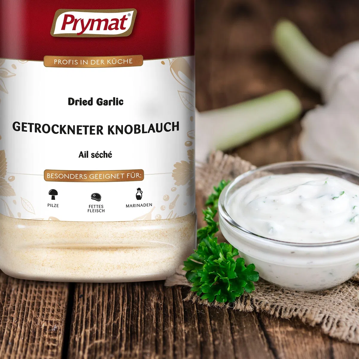 Prymat Knoblauchpulver gemahlen – für Fleisch, Fisch & Marinaden, 1050 g | Aromatisches Knoblauchpulver zum Würzen von Fleisch, Fisch, Gemüse und Marinaden