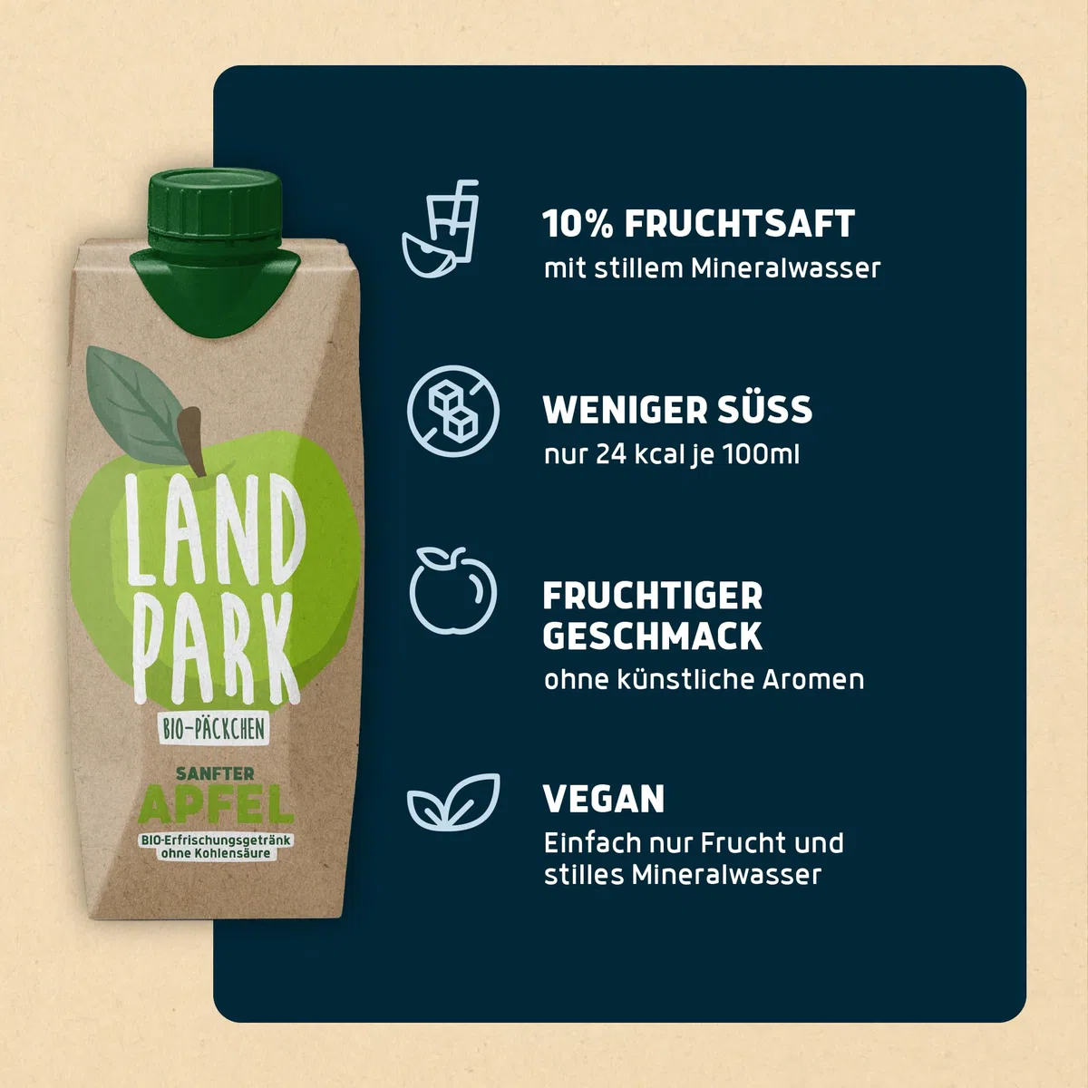 Landpark Bio-Erfrischungsgetränk Sanfter Apfel, 12 x 0,5 L im Tetra Pak | natürliches Mineralwasser aus Bio-Quelle mit Apfelgeschmack | ohne Kohlensäure | To Go | Wasser mit Geschmack | pfandfrei
