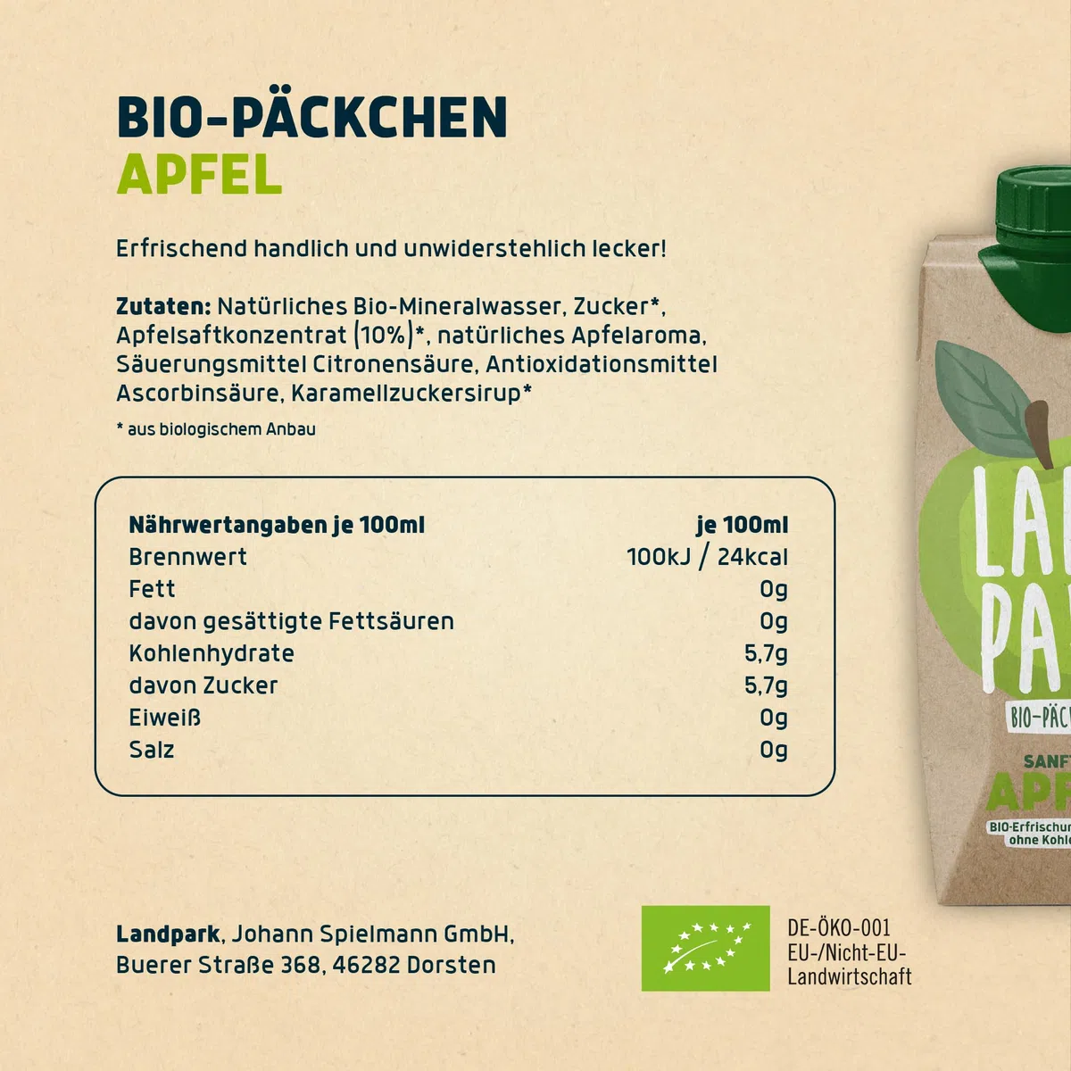 Landpark Bio-Erfrischungsgetränk Sanfter Apfel, 12 x 0,5 L im Tetra Pak | natürliches Mineralwasser aus Bio-Quelle mit Apfelgeschmack | ohne Kohlensäure | To Go | Wasser mit Geschmack | pfandfrei