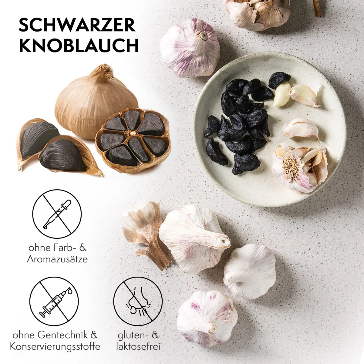 Schwarzer Knoblauch fermentiert aus Spanien, 5 große Knollen fermentierter Knoblauch, Black Garlic, 90 Tage fermentiert, mild und vielseitig zu verwenden und genießen.
