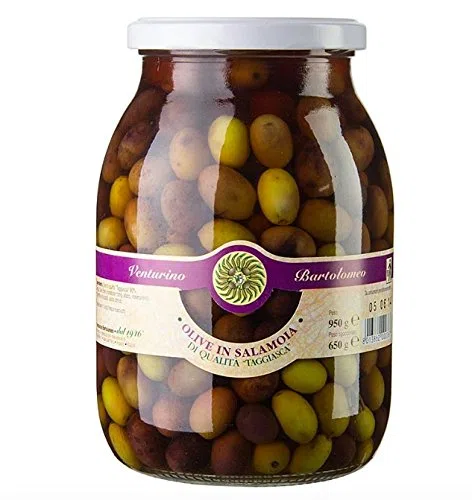 Oliven Mischung, grüne & schwarze Taggiasca-Oliven, mit Kern, in Lake, Venturino, 950g