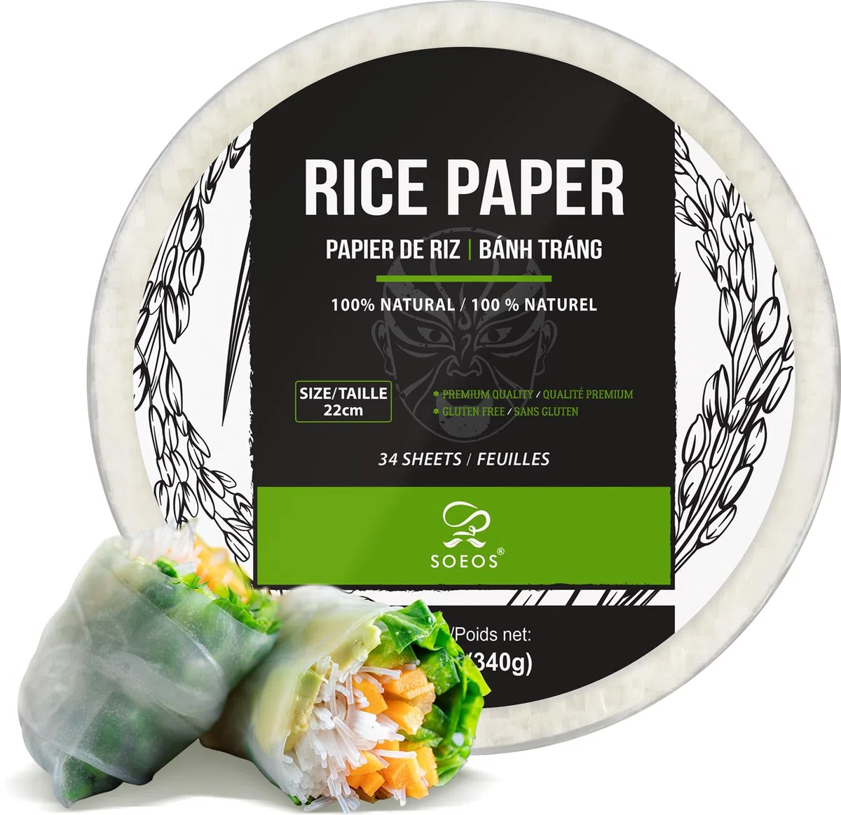 Soeos Reispapier, White Rice Paper Wrappers, 1 Pack, 34 Sheets-Fresh Spring Roll Wrapper & Knödel, Non-GMO, Gluten-Free, Low Carb, Vietnamesische Reis-Wraps (Runde, 22cm)