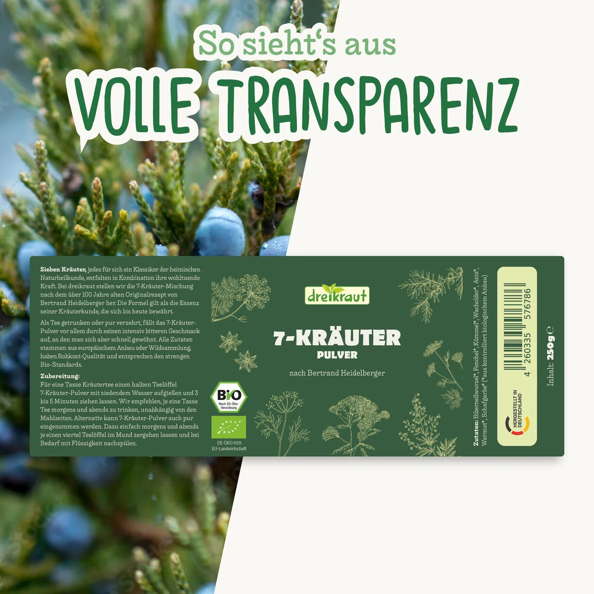 Bio-7-Kräuter-Pulver nach Bertrand Heidelberger, dreikraut, 7-Kräuterstern, extra fein vermahlen (250, Gramm)