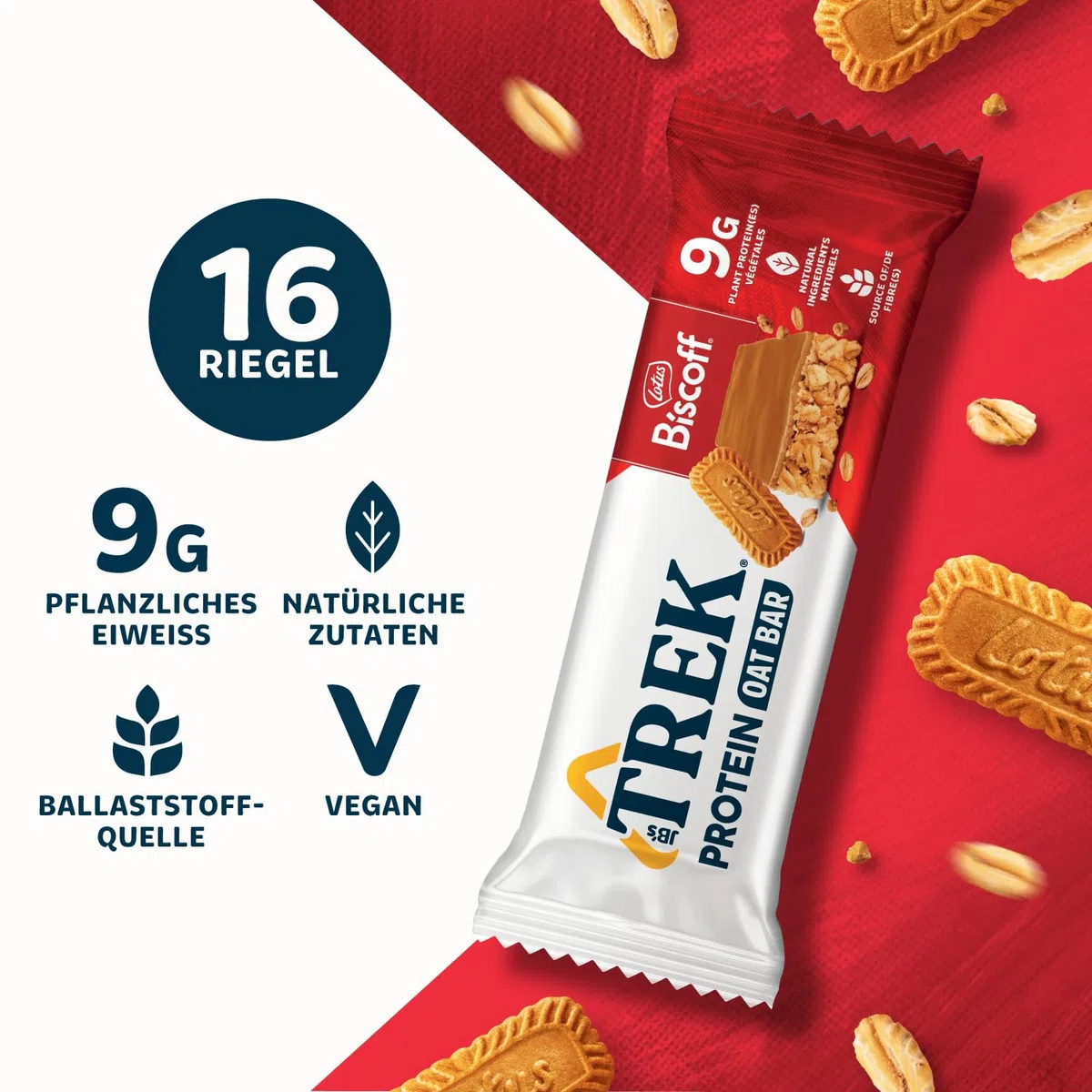 JB's TREK Protein Haferriegel | Biscoff | Pflanzliches Protein | Vegan | 16 x 50g Riegel | 800g