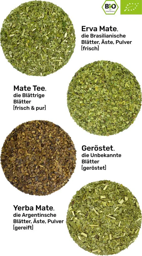 Mate Tee Probierset ● 4 Bio Matesorten ● je 100g Erva Mate + Yerba Mate + grüner Matetee + gerösteter Matetee