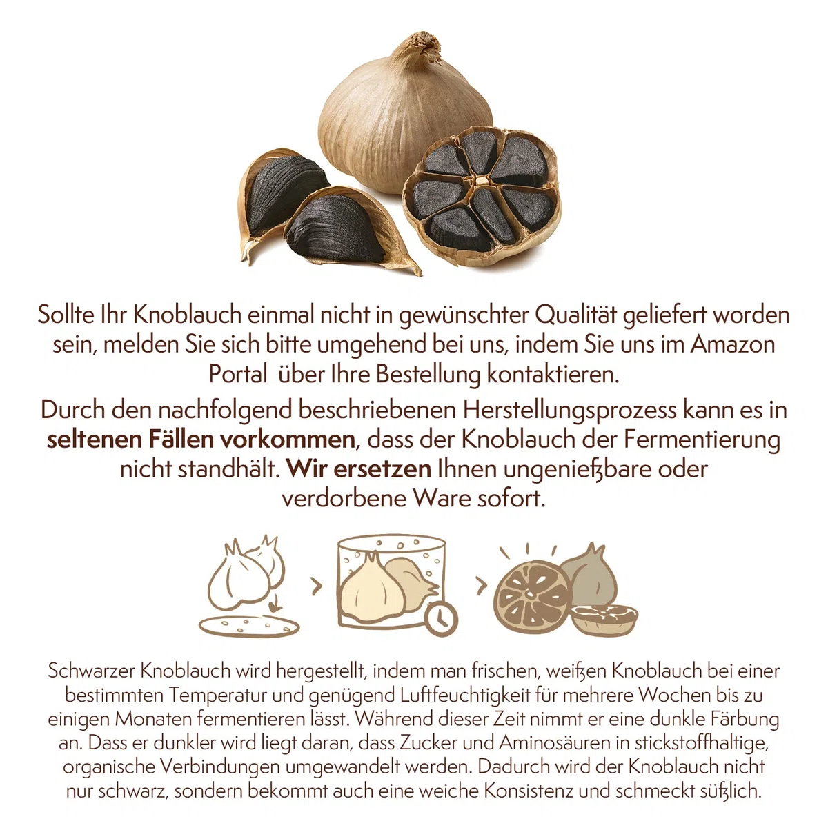 Schwarzer Knoblauch fermentiert aus Spanien, 5 große Knollen fermentierter Knoblauch, Black Garlic, 90 Tage fermentiert, mild und vielseitig zu verwenden und genießen.