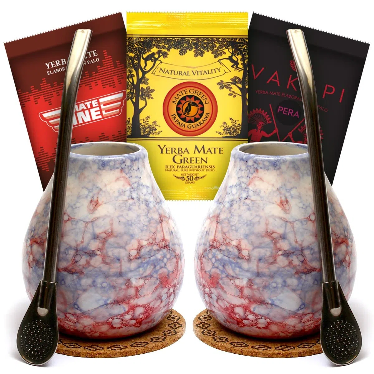 Mate Green Yerba Mate Set für 2 Personen - Mate Tee Starter Set 3x50g - 2 Keramik Mate Becher - 2 Edelstahl Bombillas - Geschenk für Paare - Yerba Mate Tee mit Frucht, Guarana, Birne und Papaya