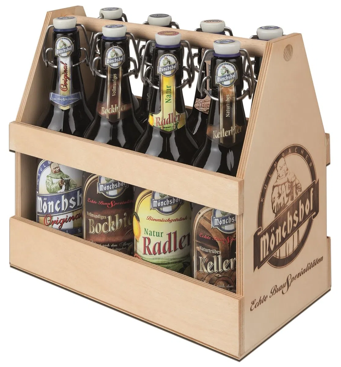 Mönchshof Bierprobe 8er Holz-Tragerl, Biergeschenk (8 x 0,5 l) Bügelflasche