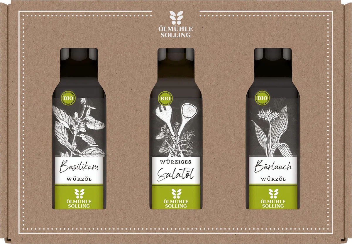 Ölmühle Solling Set Echt! Regionale Klassiker, bio, 3 x 100 ml Flaschen, Öle: Basilikumöl, Bärlauchöl, Suppengrünöl