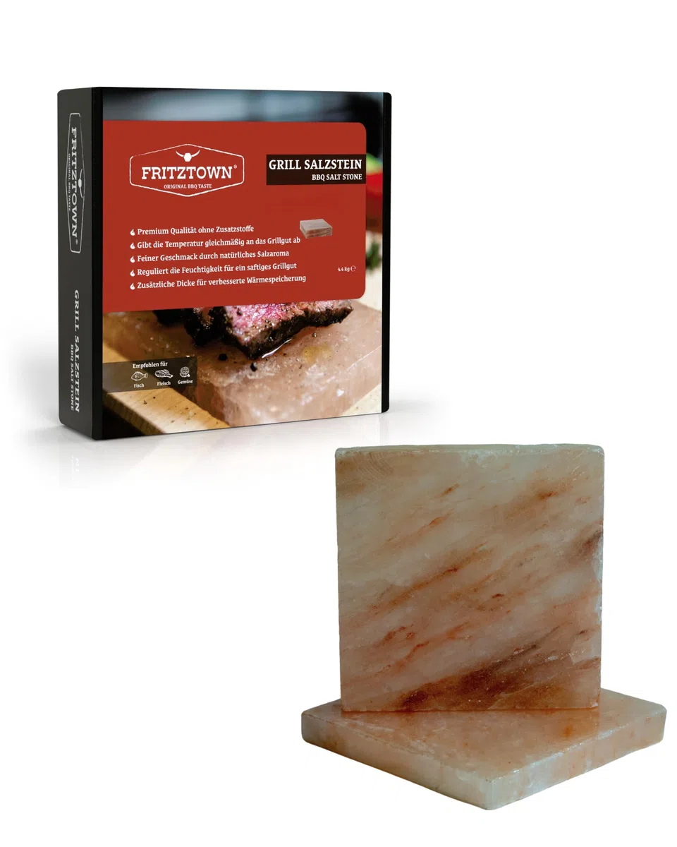 Deluxe Grill Salzstein - 2er Set 20x20x2,5 cm - Feiner Geschmack durch Kristallsalz - Exklusive Geschenkbox inkl. Gebrauchsanweisung