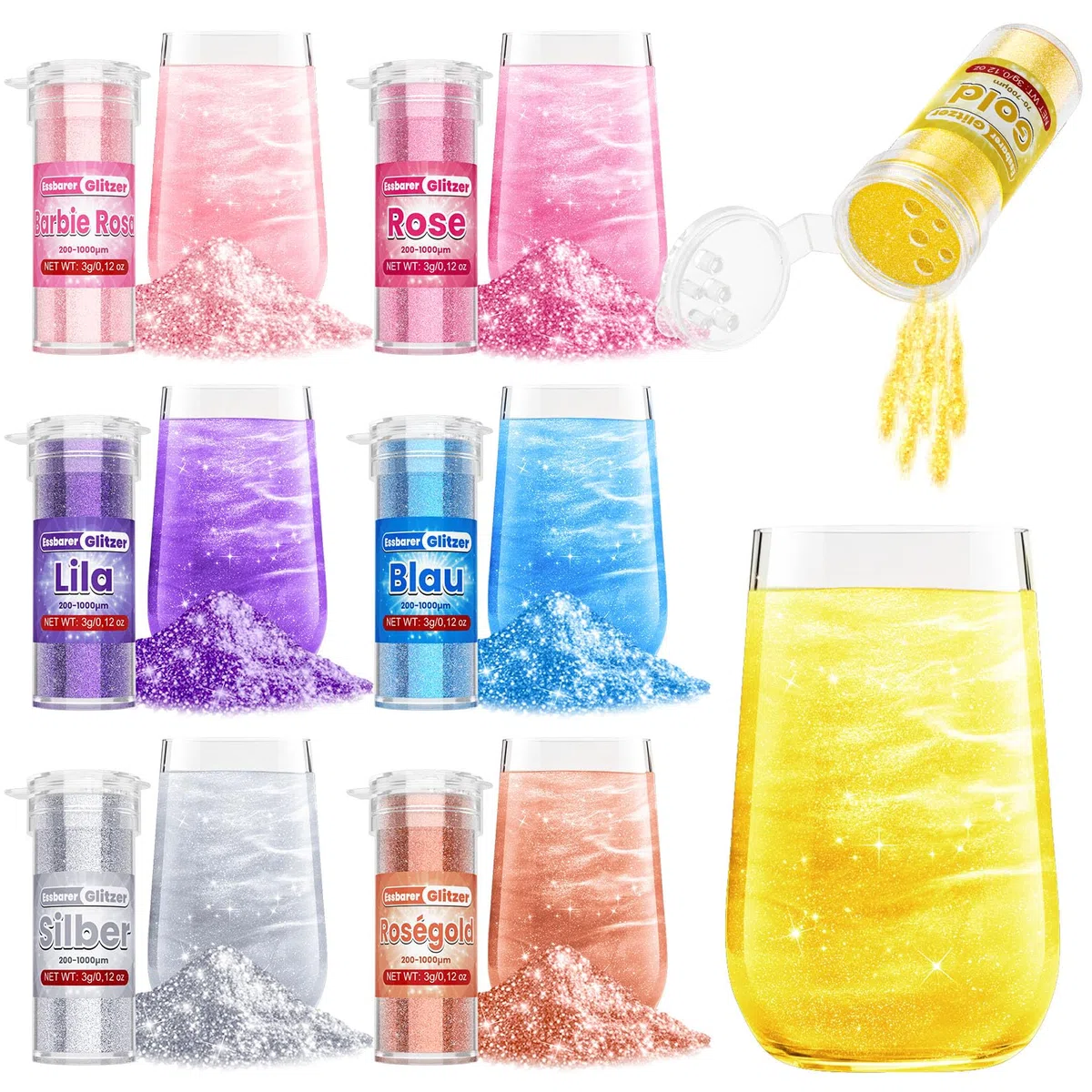 Essbarer Glitzer - 7 Lebendige Lebensmittelfarbe Pulver (je 3g), Geschmacksneutrales Glitzer Essbar, Edible Glitter for Drinks, Glitzerpulver für Kuchen, Macarons, Krapfen, Fondant, Cupcake
