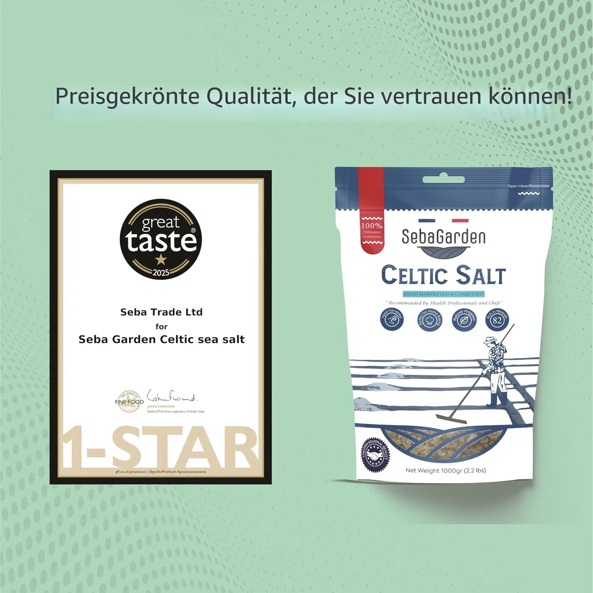 Seba Garden Keltisches Meersalz grau, 1 kg zertifizierter organischer wiederverschließbarer Beutel mit grauem Meersalz, handgeerntet, enthält über 82 essentielle Mineralien (1 kg, Original)