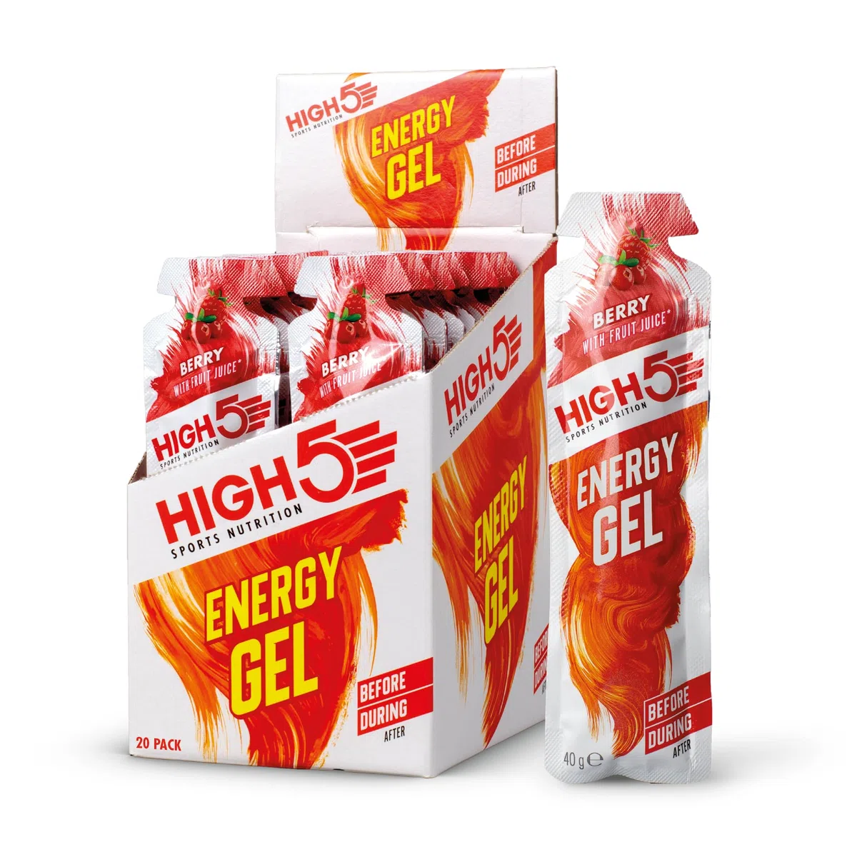 HIGH5 Energy Gels - Schnelle Energiezufuhr mit Sport Gel für Spitzenleistung - Mit natürlichem Fruchtsaft, koffeinfrei - Energie Gel für Laufen, Running, Radsport, Ausdauer (Beere, 20 x 40g)